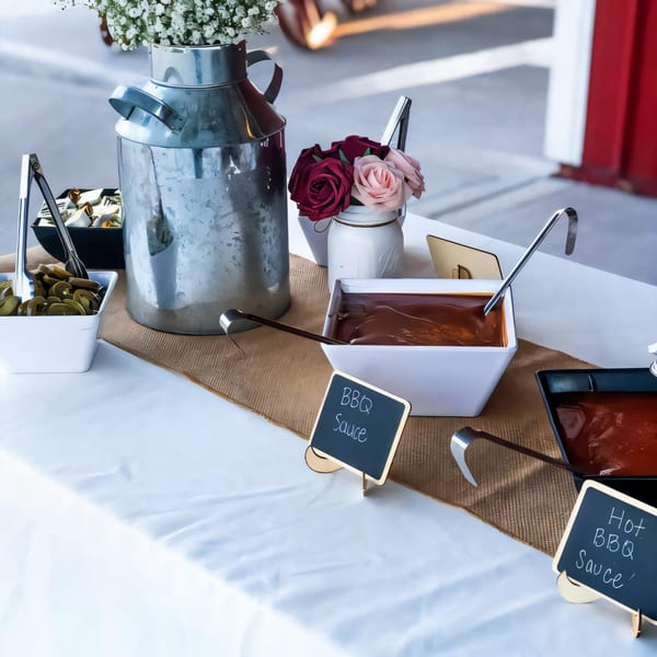 BBQ sauces and pickled jalapeños on a buffet table with rustic decor.